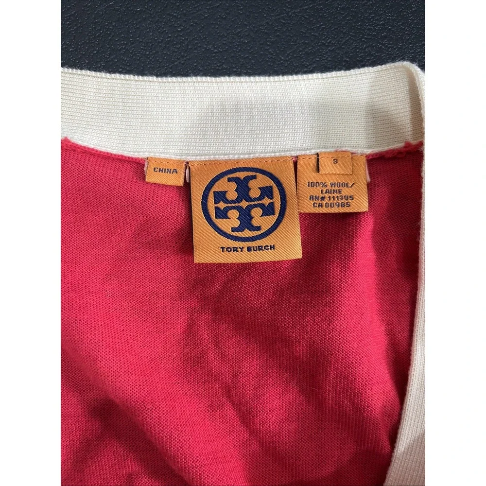 Tory Burch Cardigan Womens S Red Simone‎ Wool Contrast Trim V-Neck Logo Button
